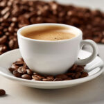 Espresso cup on saucer surrounded by roasted coffee beans.