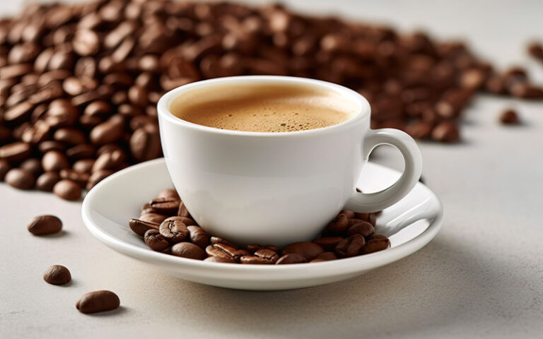 Espresso cup on saucer surrounded by roasted coffee beans.